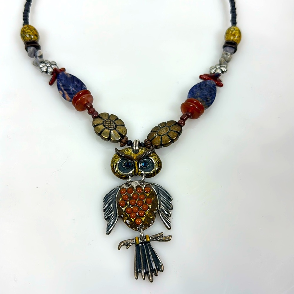 Treska Owl Pendant Necklace enamel multi color Beaded Mixed metal Accents